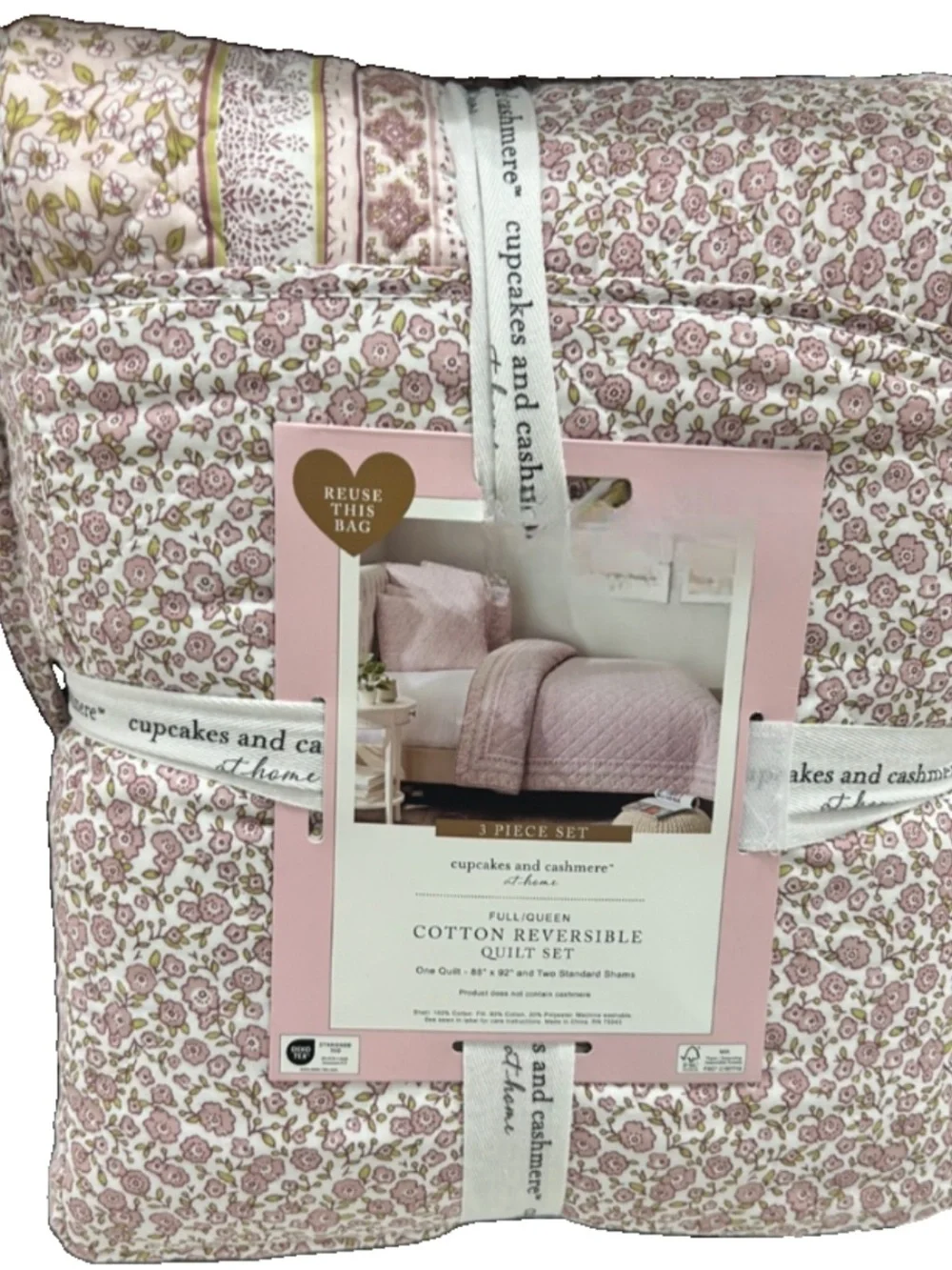 Cupcakes and Cashmere Pink and White Floral Queen Quilt Set 88”x92”